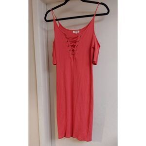 Super Cute Watermelon Peach Ribbed Knit Lace up Cold Shoulder Dress Sz L